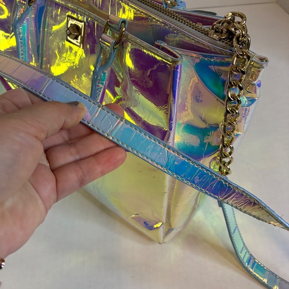 Betsey Johnson Iridescent RARE BAG Holographic Bow Satchel Crossbody Gold Purse - Picture 11 of 16